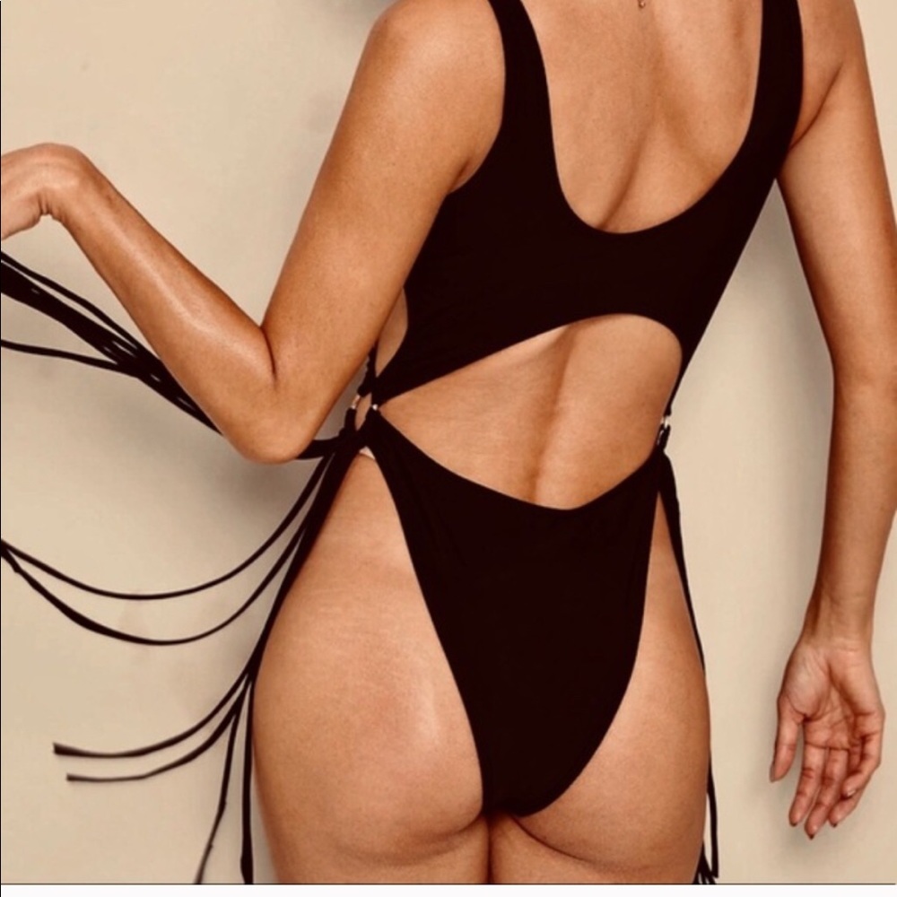 Fringe High Cut One Piece Black Bikini Swimsuit - Picture 6 of 9